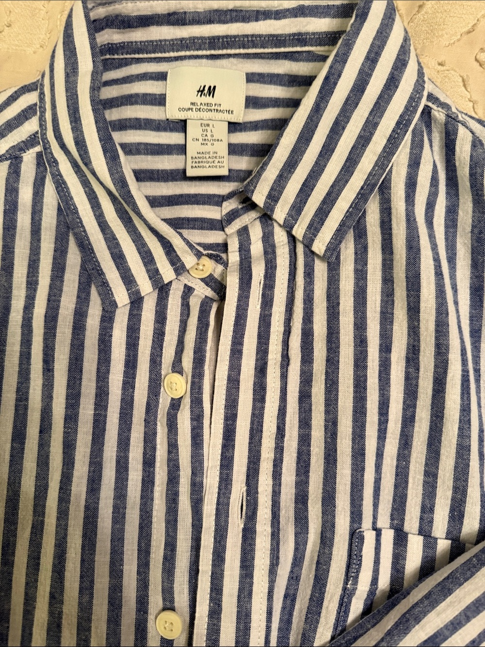 H&M Men's Blue and White Vertical Stripe Linen Button-Down Shirt